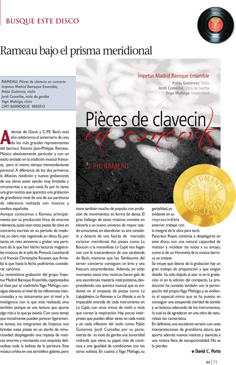 Crítica sobre Pièces de Clavecin en Concerts, Jean Phillippe Rameau, 2014